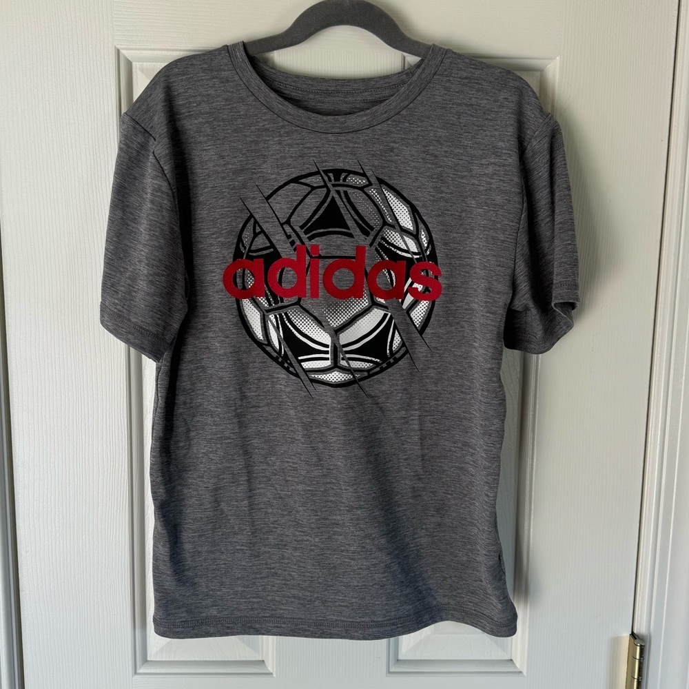 Adidas Grey Shirt with Soccer Ball and Red Lettering Size Small 8